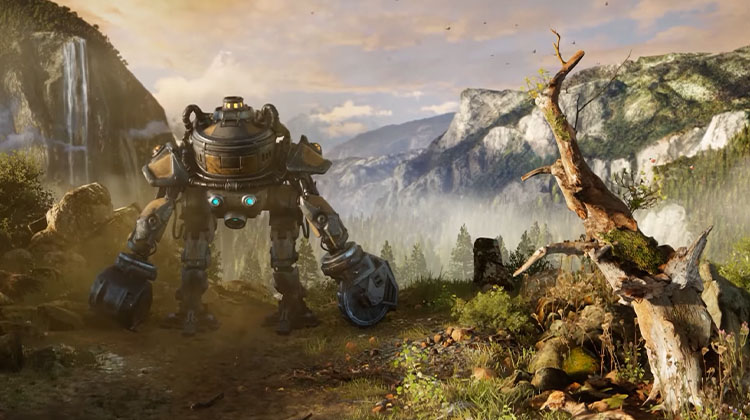 A robot at the edge of a valley from the Lumberyard demo title "Lost"