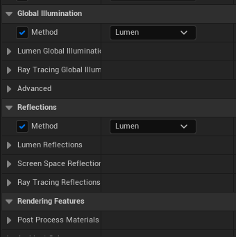 Screenshot of the Project Settings in Unreal Engine where Lumen is enabled